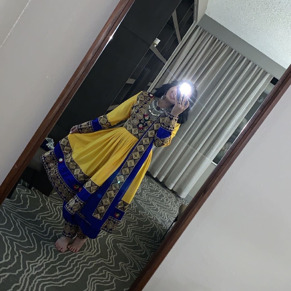 Yellow and blue afghan clothes. 3 Piece set, Pants, Dress and Scarf!